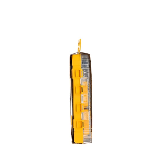 Side view of a DEWALT yellow and clear plastic tool storage box with internal compartments.