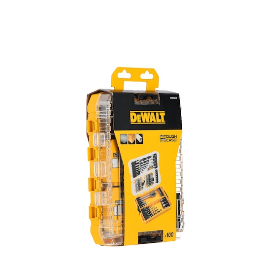 DEWALT DT70784 Tough Case with drill and screwdriver accessories, yellow and black, for tool storage.