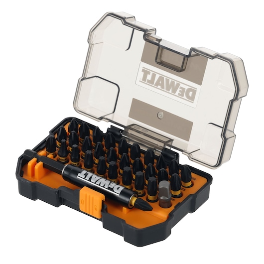 DEWALT bit set in case, SKUs DT70900T, DT70900T-QZ, shown with multiple bits and driver.
