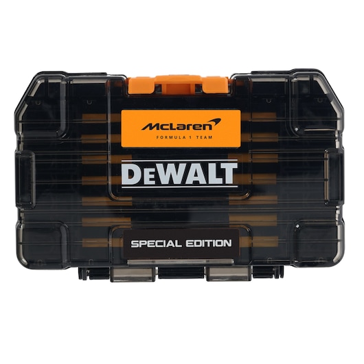 DEWALT special edition tool case featuring McLaren Formula 1 Team branding, black with orange accents.