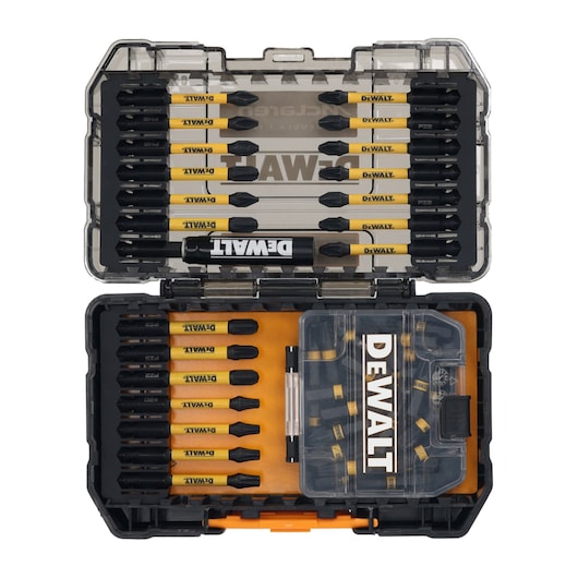 DEWALT DT70908T drill bit set in an open hard case with organized yellow and black bits.