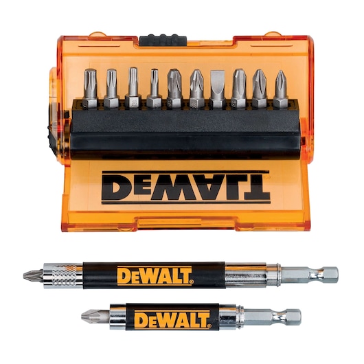 DEWALT DT71502 screwdriver bit set with orange case and two black bit holders shown.