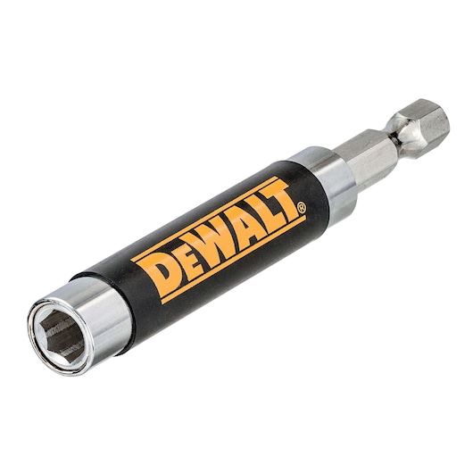 DEWALT magnetic nut driver bit with hex shank, black and silver, for screw and bolt fastening.
