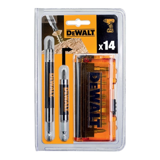 DEWALT DT71502 14-piece screwdriver bit set in plastic packaging with branded tools and case.