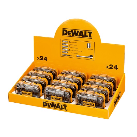 DEWALT display of 24 tool sets, SKUs DT71516M-QZ, DT71516M. Photography product category.