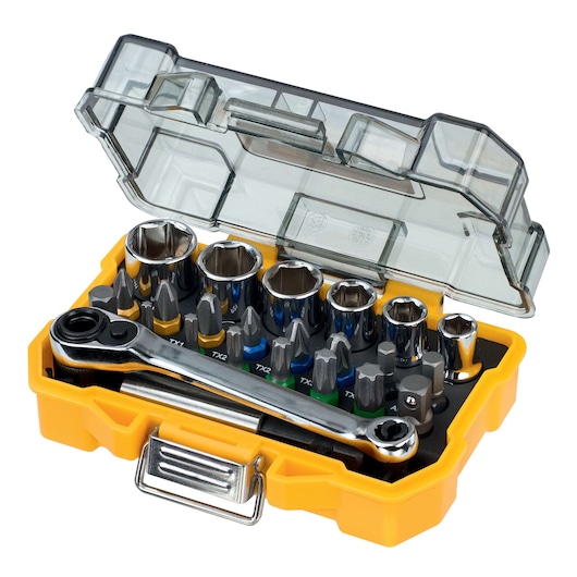 DEWALT socket and bit set in yellow case with clear lid, includes ratchet and various bits for tool use.