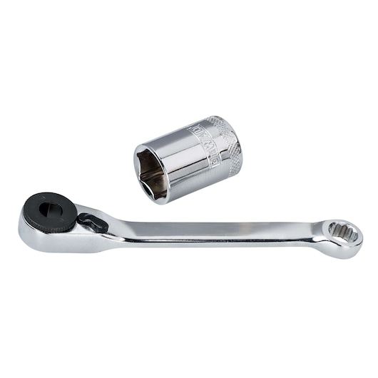 DEWALT ratchet wrench and socket, both metallic, shown against a white background.