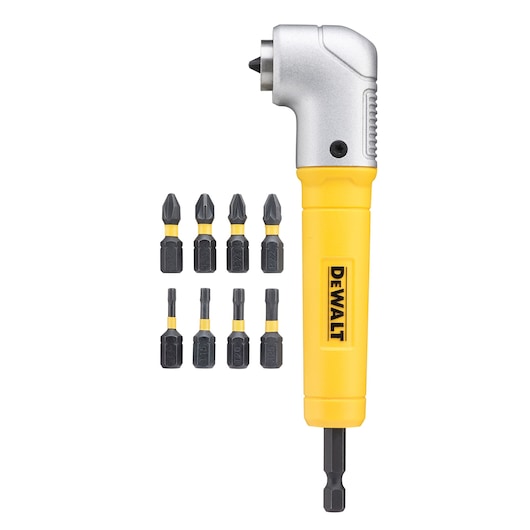 DEWALT right angle attachment tool with yellow handle, shown together with ten interchangeable screwdriver bits.