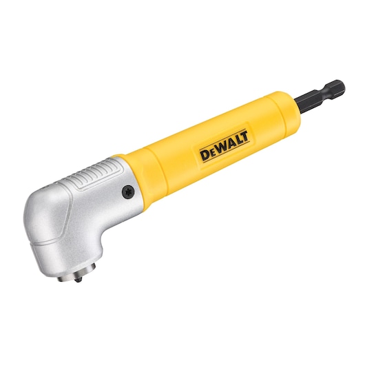 A DEWALT right angle drill attachment with a yellow handle and metallic head, designed for reaching tight spaces during drilling tasks.