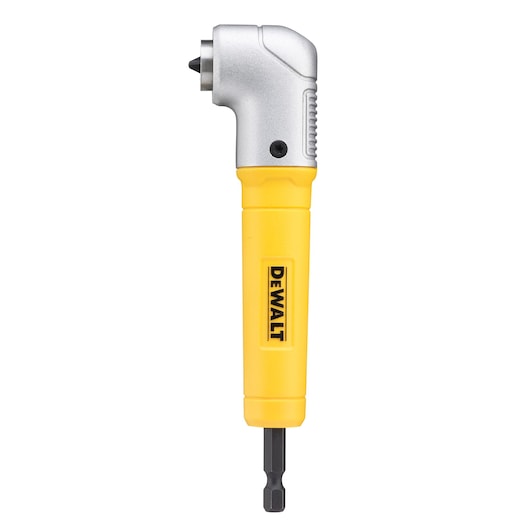 A DEWALT right angle drill attachment with a yellow handle and metallic head, designed for driving and drilling in tight spaces.
