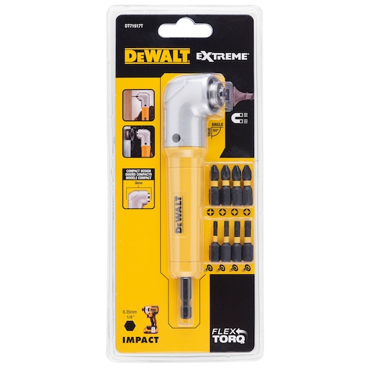 DEWALT DT71517T right angle drill driver set with bits in blister packaging.