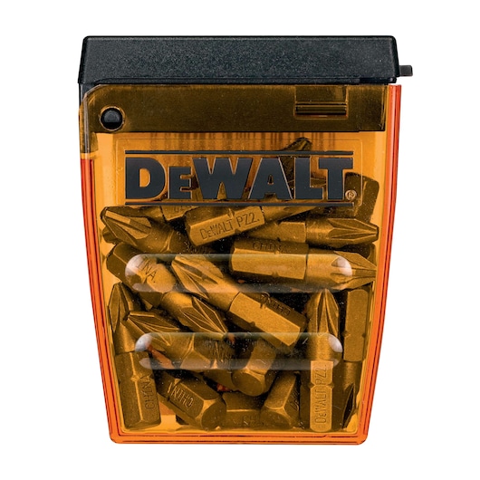 DEWALT screwdriver bit set in transparent orange and black plastic case.