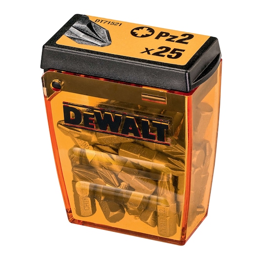 DEWALT DT71521 box with 25 PZ2 screwdriver bits in a transparent orange case.
