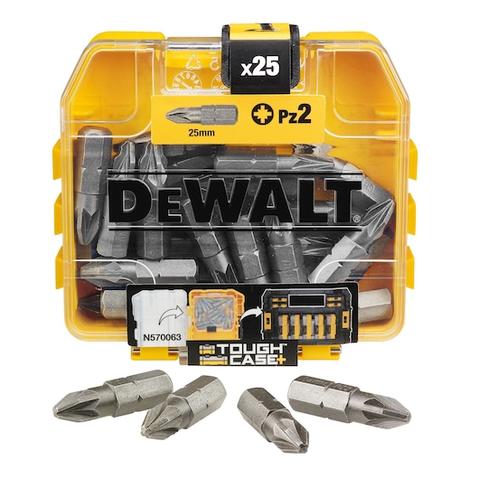 DEWALT set of 25 PZ2 screwdriver bits, 25mm length, in a yellow tough case.