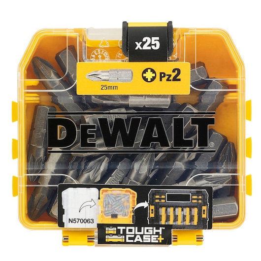DEWALT Tough Case with 25 PZ2 25mm screwdriver bits in a yellow plastic box for storage.