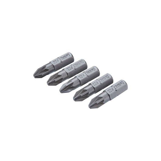 Set of five DEWALT PH2 screwdriver bits, metallic, arranged in a row on a white background.