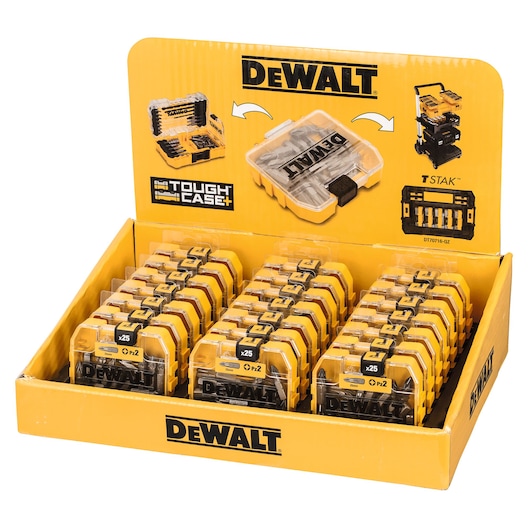 DEWALT Tough Case+ display box with multiple packs of screwdriver bits, SKU DT71521, arranged in rows.