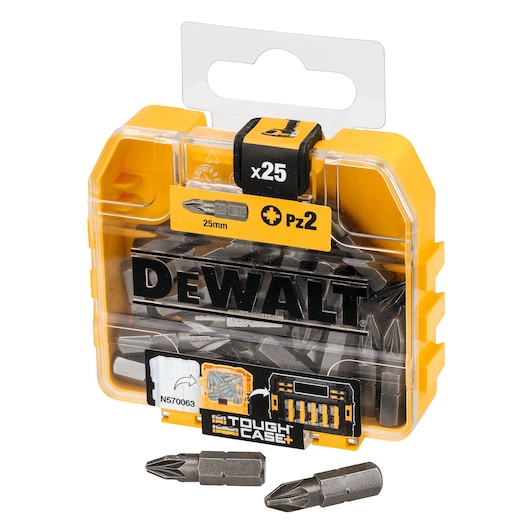 DEWALT 25-piece screwdriver bit set in a yellow and clear tough case, includes PZ2, 25mm bits shown outside.