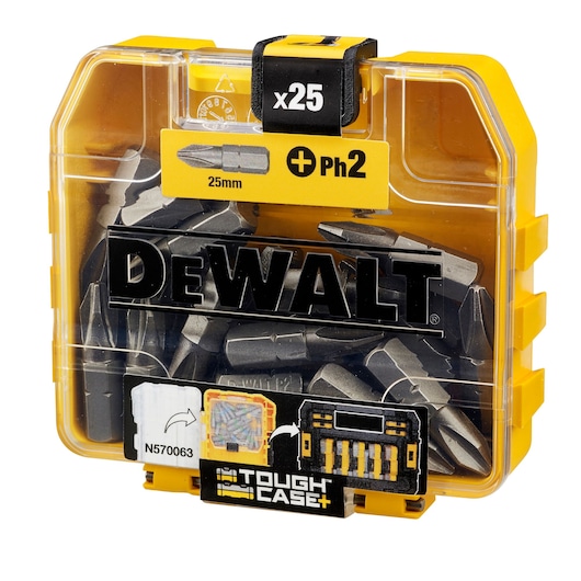 DEWALT 25-piece Tough Case with 25mm PH2 screwdriver bits, clear and yellow storage box.