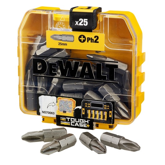 DEWALT DT71522 Tough Case with 25 PH2 screwdriver bits, 25mm length, yellow plastic box.