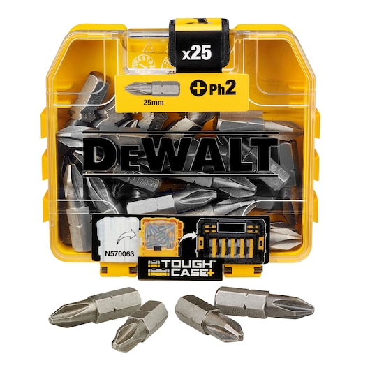 DEWALT ToughCase with 25 PH2 screwdriver bits, 25mm size. Case is yellow and clear plastic.