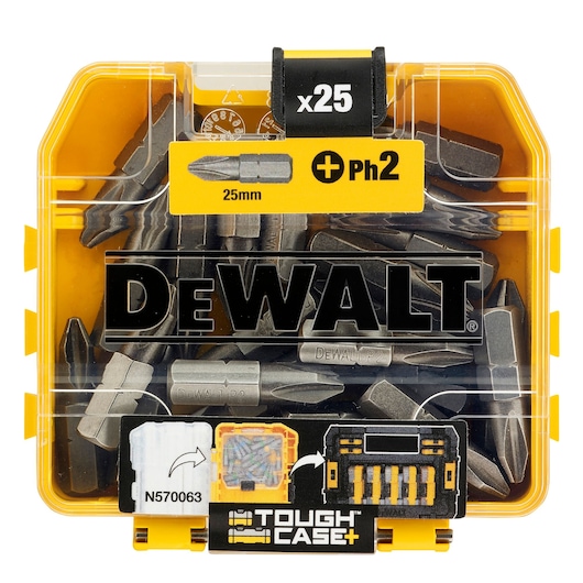DEWALT Tough Case with 25x screwdriver bits, 25mm, PH2, for durable storage and easy access.