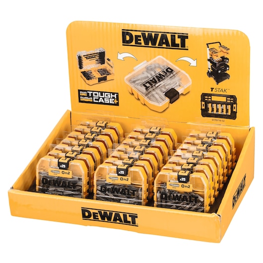 DEWALT Tough Case+ bit sets display box with multiple yellow cases, each containing 25 screwdriver bits.