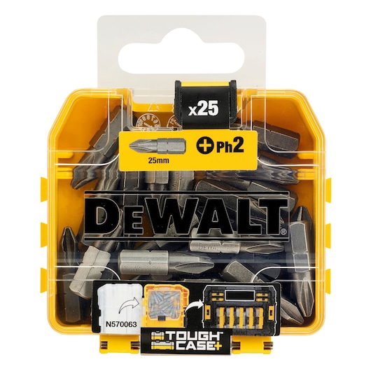 DEWALT Tough Case contains 25 screwdriver bits, 25mm PH2, organized in a yellow-and-clear plastic box.