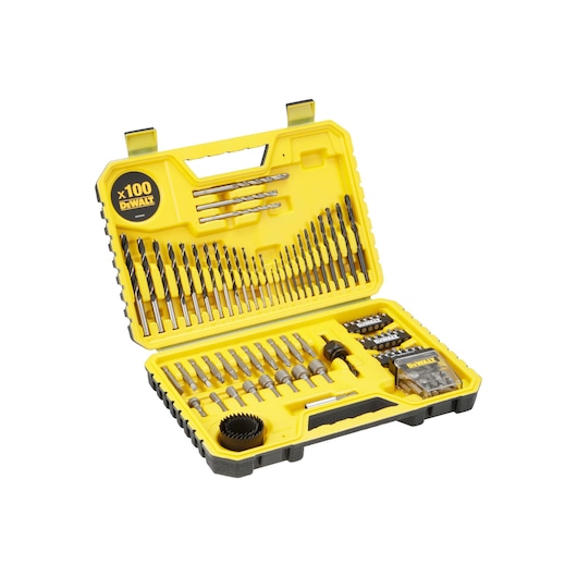 A yellow DEWALT hard case containing a 100-piece drill and screwdriver bit set, with various drill bits, screwdriver bits, hole saw, and accessories organized inside.
