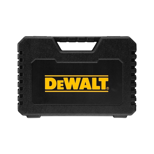 Black DEWALT hard plastic carrying case with yellow logo on the front and a handle at the top.