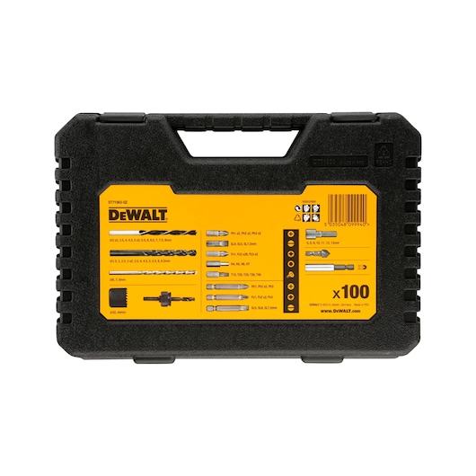 Black DEWALT DT71563 tool case with yellow label showing drill bits and accessories, contains 100 pieces.
