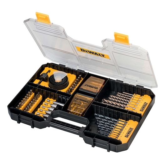 A DEWALT branded drill and screwdriver bit set in a black and yellow plastic case with a transparent lid. The case is open and displays various drill bits, screwdriver bits, socket attachments, and hole saws organized in compartments.