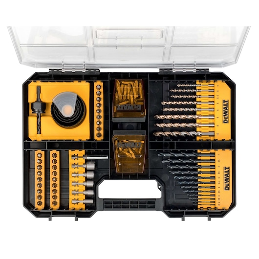 DEWALT drill and bit set in a plastic case with assorted drill bits and accessories.