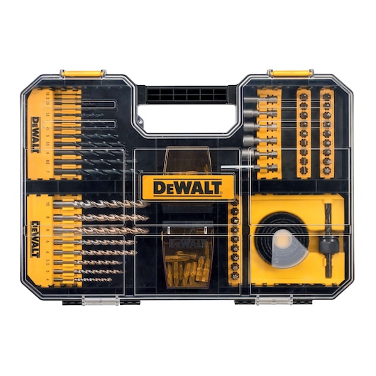 A DEWALT branded drill and screw bit set in a transparent plastic case, containing various drill bits, screwdriver bits, socket bits, and accessories organized in compartments.