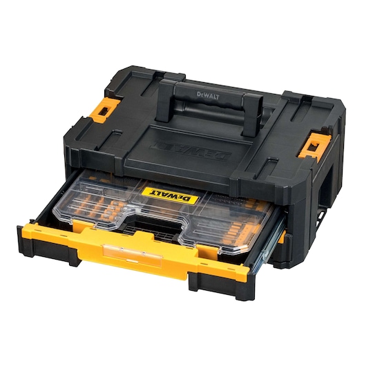 DEWALT storage box with handle and clear compartment tray, black and yellow, for organizing tools or accessories.