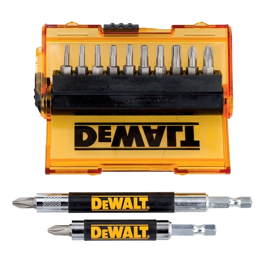 DEWALT DT71570 set with yellow case, screwdriver bits and two bit holders, all branded with DEWALT logo.