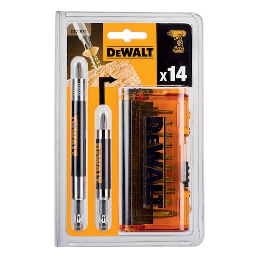 DEWALT DT71570 set with screwdriver bits and case, 14-piece pack for drilling and fastening.