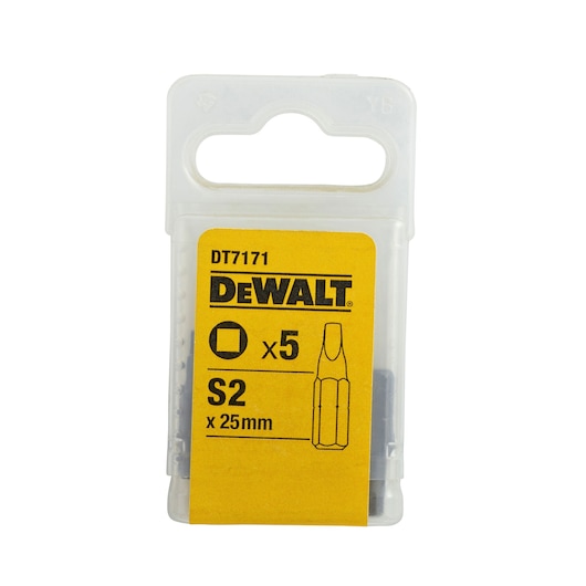 DEWALT DT7171 S2 screwdriver bits pack, 25mm, set of 5, in transparent plastic box with yellow label.