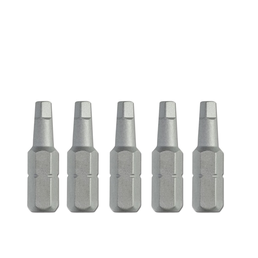 Set of five hex screwdriver bits in silver finish, aligned in a row for use with power tools.