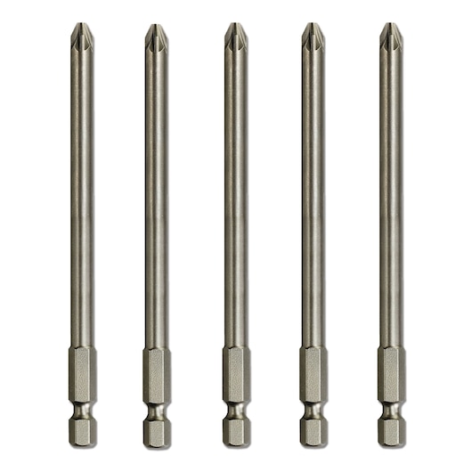 Five long DEWALT screwdriver bits are shown upright with hex shanks, arranged in a row on a white background.