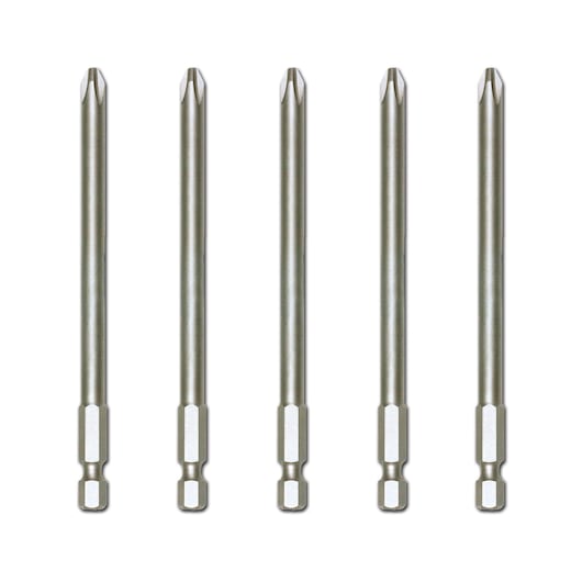 Five long Phillips screwdriver bits with hex shanks, arranged vertically in a row on a white background.