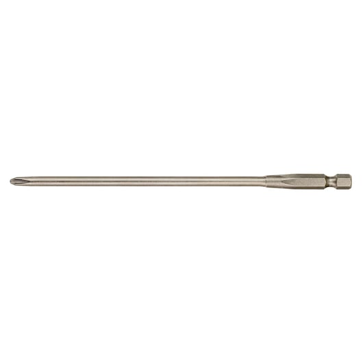 Long DEWALT Phillips screwdriver bit with hex shank, shown isolated on white background.