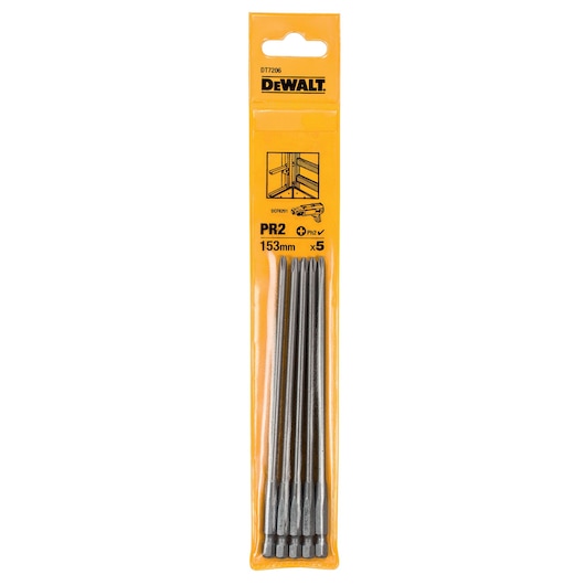 DEWALT DT7206 pack of five 153mm screwdriver bits with yellow packaging, shown vertically.