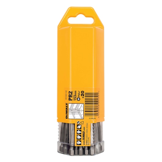 DEWALT DT7207 pack containing 20 PH2 screwdriver bits, 53mm length, inside a yellow plastic container with a transparent bottom showing the bits.