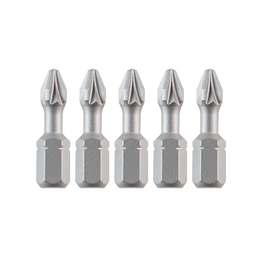 Five DEWALT screwdriver bits in a row, silver color, shown upright against a white background.