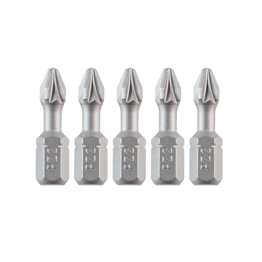 Set of five DEWALT PZ2 screwdriver bits arranged in a row, silver color, suitable for power tools.