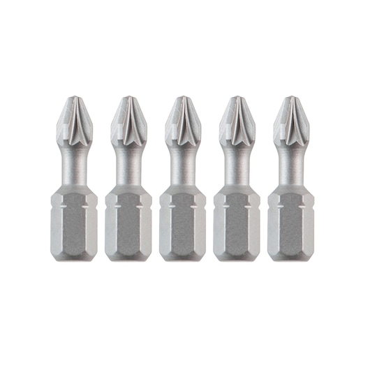 Five metal screwdriver bits are arranged in a row and viewed from the front.
