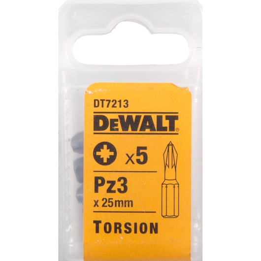 DEWALT DT7213 Pz3 x 25mm torsion screwdriver bits, pack of 5 in plastic case.