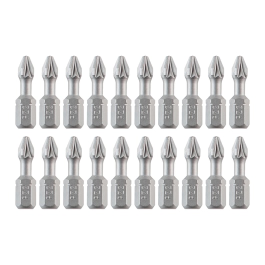 Set of twenty DEWALT PZ2 screwdriver bits arranged in two rows on a white background.