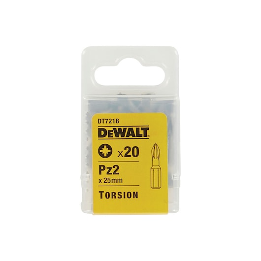 DEWALT DT7218 box of 20 Pz2 25mm torsion screwdriver bits for power tools.